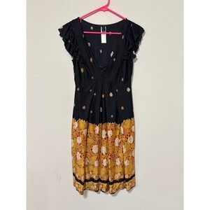 Y2K Floral Babydoll Dress Black/Yellow Pleated MNG Collection VTG Women's Medium